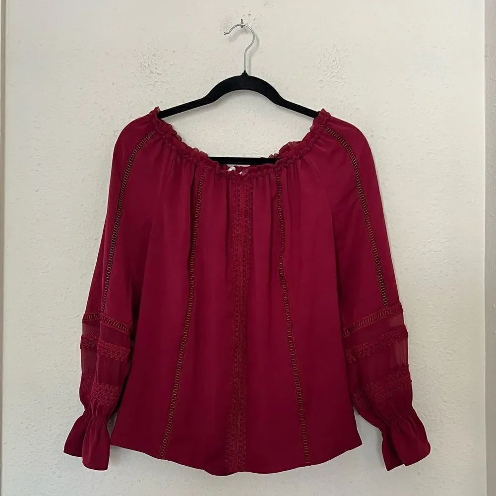 Ramy Brook Thea Off the Shoulder Long Sleeve Chiffon Blouse Top in Burgundy XS - Picture 3 of 8